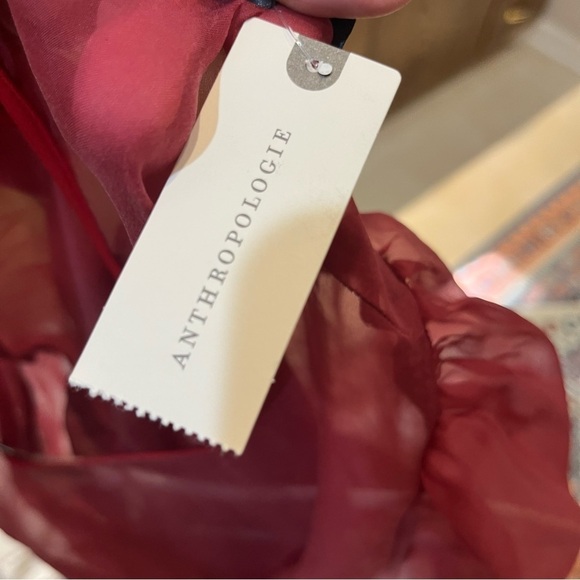 Anthropologie Eva Franco Silk Organza Deep Red Sheer Blouse Balloon Sleeves Sz M - Picture 10 of 12